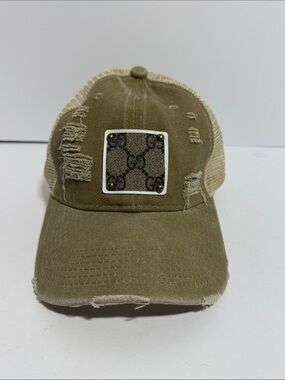 Distressed Tan Mesh Back Baseball Cap w/ Upclycled Patch